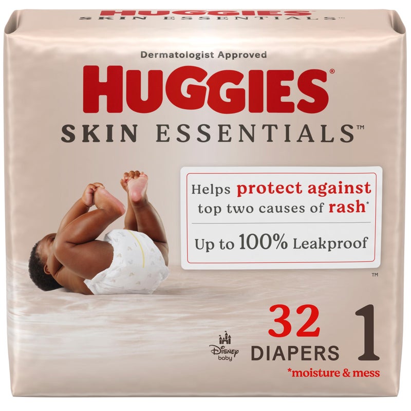 Huggies Size 1 Diapers, Skin Essentials Baby Diapers, Size 1 (8-14 lbs), 32 Count, Packaging May Vary - Image 1