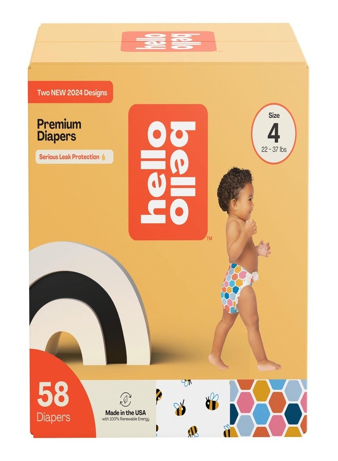 Hello Bello Premium Diapers Size 4 (22-37lbs), Busy Bees & Hive Five Designs, 58ct Club Box - Image 1