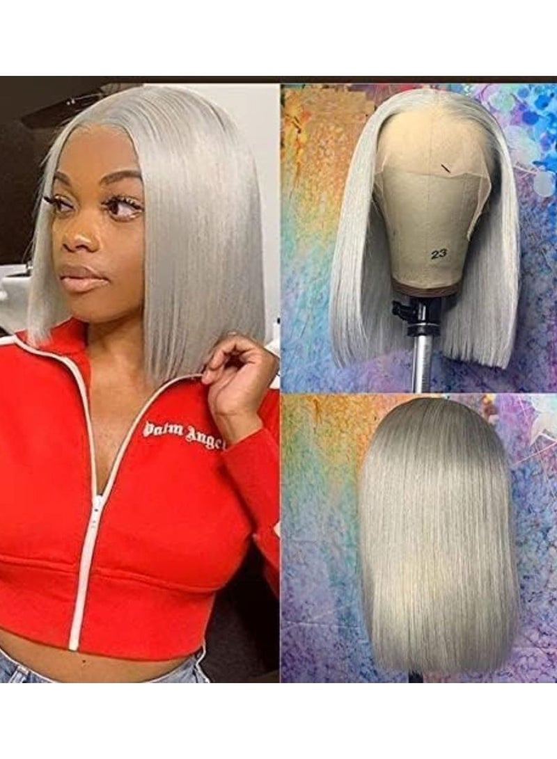 Estelle Lace Front Human Hair Bob Wig, Pre Plucked Hairline Short Lace Front Bob Wig for Women (12in, Tblack/darkgrey)