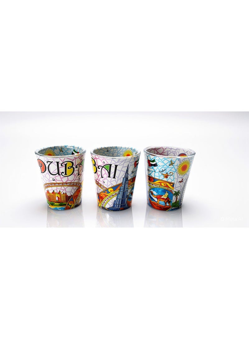 Souvenir Souq Dubai Souvenir Shot Glass Set of 3, Colorful Cartoon UAE Landmarks Cup with Burj Khalifa Burj Al Arab Camel, Gift Box - Image 1