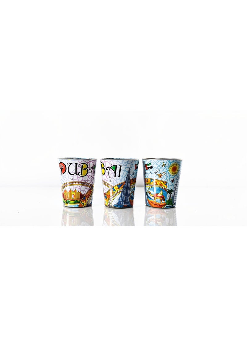 Souvenir Souq Dubai Souvenir Shot Glass Set of 3, Colorful Cartoon UAE Landmarks Cup with Burj Khalifa Burj Al Arab Camel, Gift Box - Image 2
