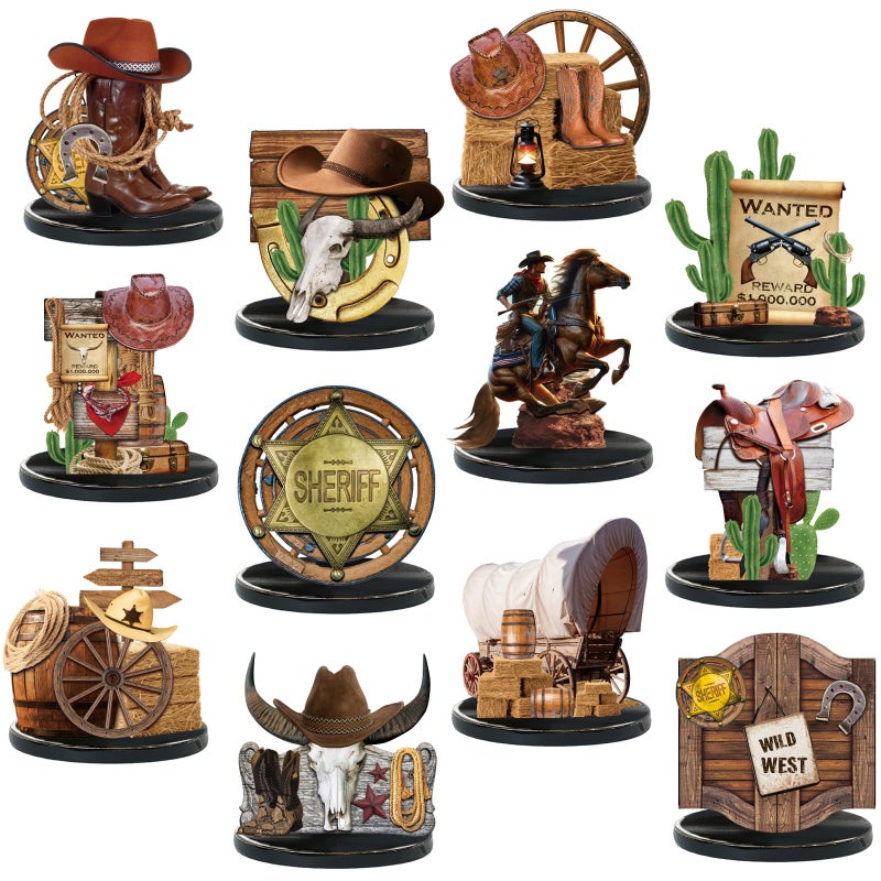 Colingmill 12 Pcs Western Centerpieces Wild West Party Decorations 394 Inches Christmas Western Wooden Centerpieces for Tables for Party Decorations Birthday Baby ShowerBrownCowboy - Image 2