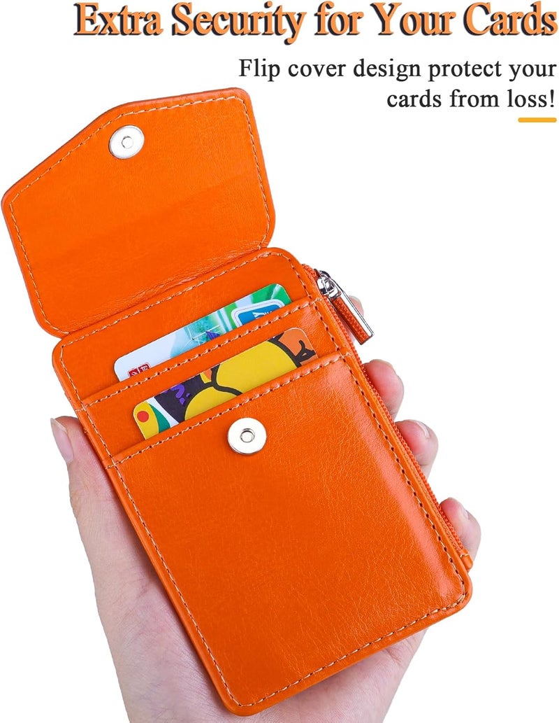 Teskyer Badge Holder with Side Zip Pocket, Multiple Card Slots Leather ID Holder Wallet with Neck Lanyard for Office Staffs, Teachers/Students, Workers, Cruise Cards, Bus/Metro Cards, Bright Orange - Image 4