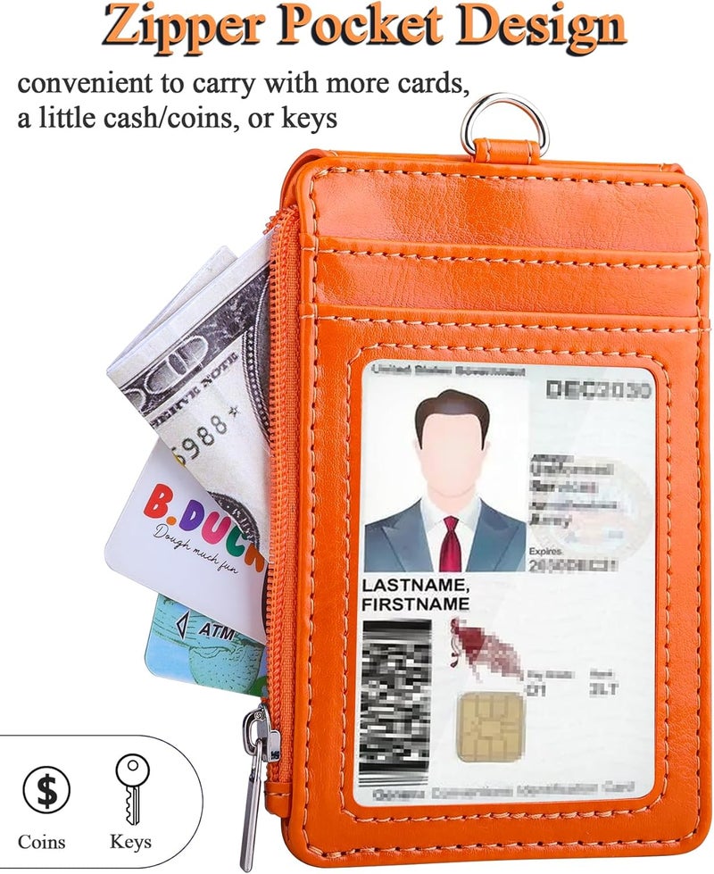 Teskyer Badge Holder with Side Zip Pocket, Multiple Card Slots Leather ID Holder Wallet with Neck Lanyard for Office Staffs, Teachers/Students, Workers, Cruise Cards, Bus/Metro Cards, Bright Orange - Image 5