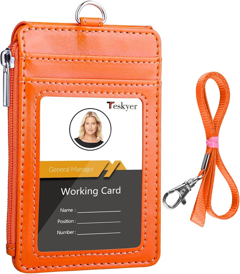 Teskyer Badge Holder with Side Zip Pocket, Multiple Card Slots Leather ID Holder Wallet with Neck Lanyard for Office Staffs, Teachers/Students, Workers, Cruise Cards, Bus/Metro Cards, Bright Orange - Image 1