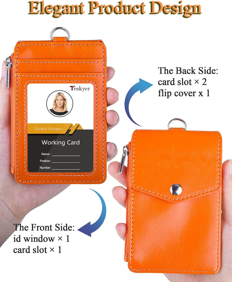 Teskyer Badge Holder with Side Zip Pocket, Multiple Card Slots Leather ID Holder Wallet with Neck Lanyard for Office Staffs, Teachers/Students, Workers, Cruise Cards, Bus/Metro Cards, Bright Orange - Image 3