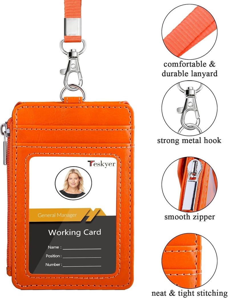 Teskyer Badge Holder with Side Zip Pocket, Multiple Card Slots Leather ID Holder Wallet with Neck Lanyard for Office Staffs, Teachers/Students, Workers, Cruise Cards, Bus/Metro Cards, Bright Orange - Image 2