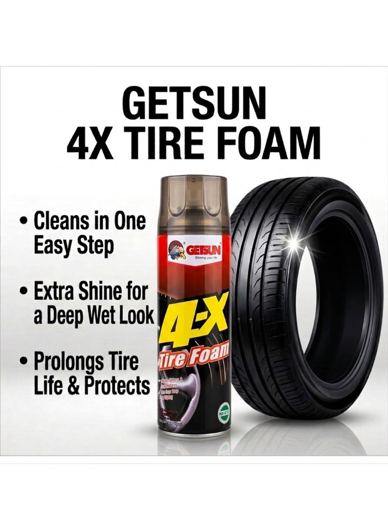 GETSUN 4X Car Tire Foam Cleaner 650ml – Instant Tire Shine & Dirt Remover – Protects Rubber Tires, Tire Polish, Cleaner & Protectant for Cars, No Wiping Required - Image 1