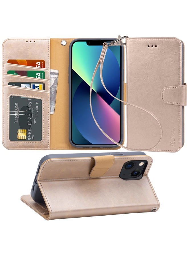 Arae Compatible with iPhone 13 Case with Card Holder and Wrist Strap Phone Wallet Flip Cover for iPhone 13 6.1 inch (Champagne Gold) - Image 1