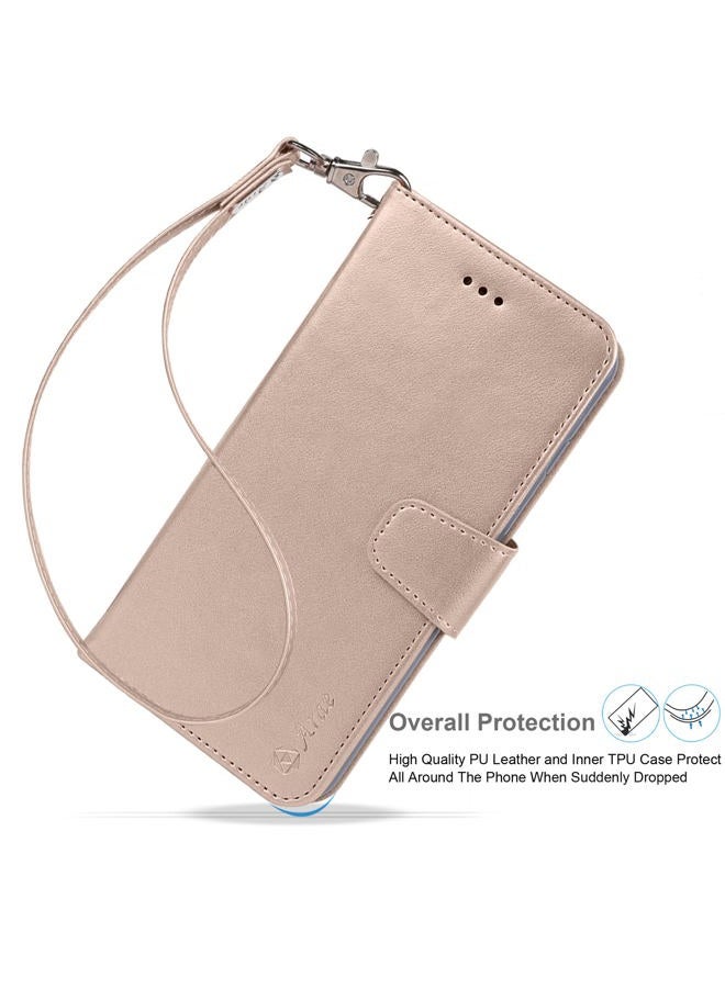 Arae Compatible with iPhone 13 Case with Card Holder and Wrist Strap Phone Wallet Flip Cover for iPhone 13 6.1 inch (Champagne Gold) - Image 3