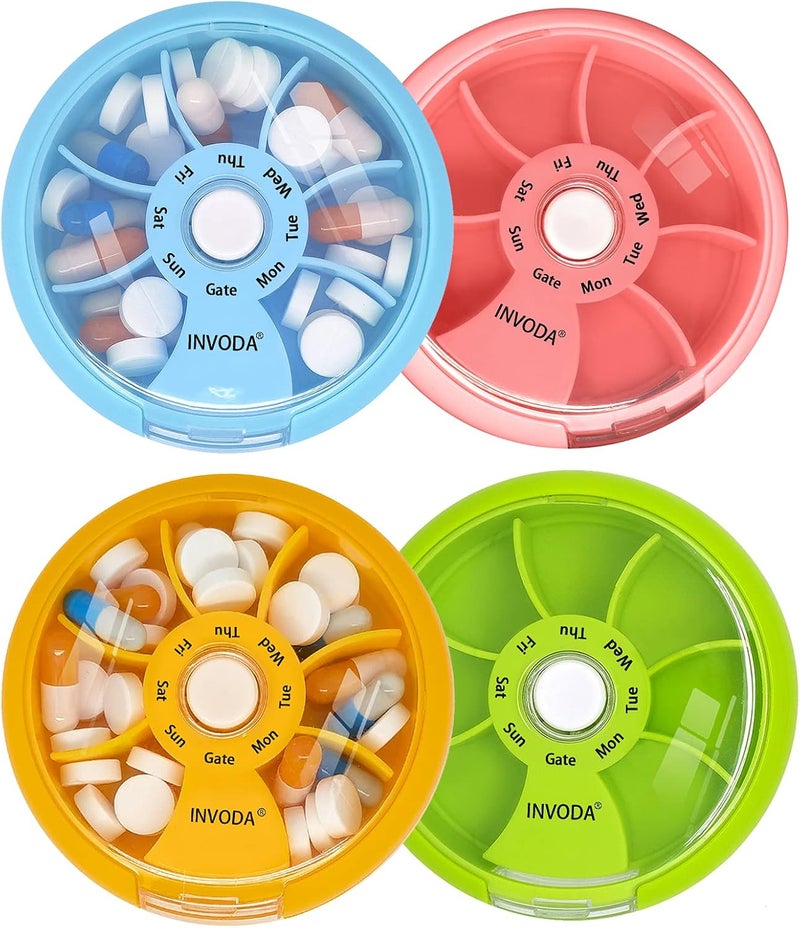 4PCS Pill Organizer 7 Compartments Daily Pill Box Weeekly Travel Small Pill Container Portable Pill Case Fish Oil Supplements Vitamins Organizer (4PCS)