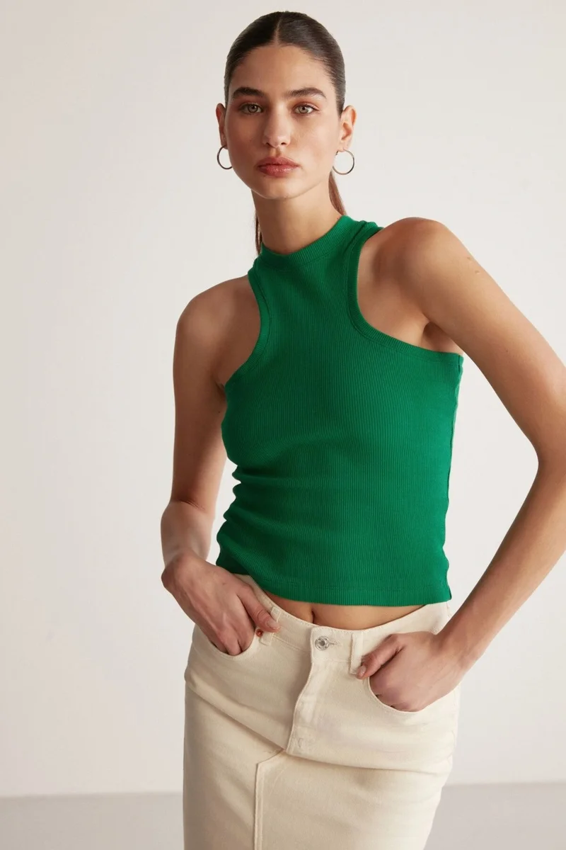 جريميلانج Jasmin Women's Halter Neck Ribbed Elastic Fabric Body-hugging Green Blouse