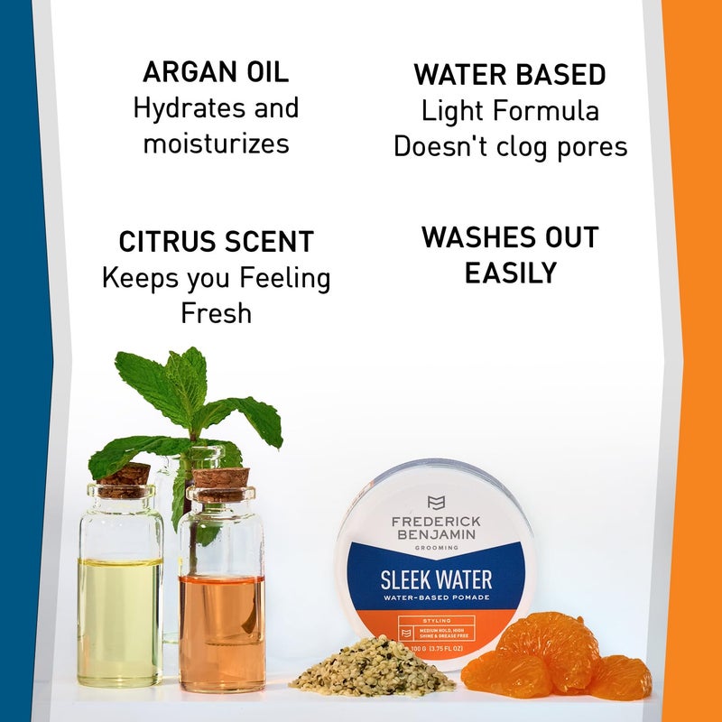 Frederick Benjamin Sleek Water Pomade for Men, Light & Easy to Apply Water Based Hair Pomade, Medium to Strong Hold, High Shine, Grease Free, Infused with Argan Oil & More, 3.75oz - Image 4