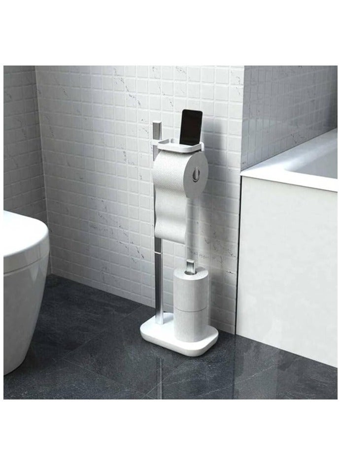 Plastic and Aluminum Toilet Roll Holder Free Standing with Shelf for Mobile or other items, 2 spare rolls stackable, 73 x 25 x 16 cm, White - Image 1