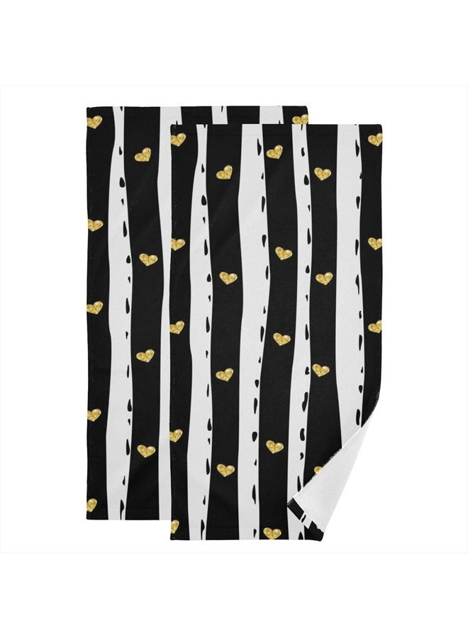 Giwawa Black and White Hand Towel - Classic Black White Striped with Gold Hearts Face Towels Modern Simple Bathroom Hand Towels Absorbent Fingertip Towels for Kitchen Gym 14 x 28 Inch, Set of 2 - Image 1