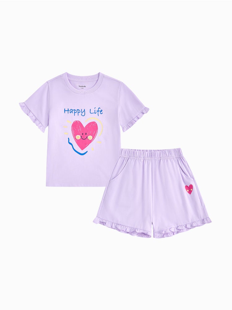 بالابالا طقم من قطعتين - تيشيرت وشورت مزين بكشكش وطبعات للبنات - Image 1