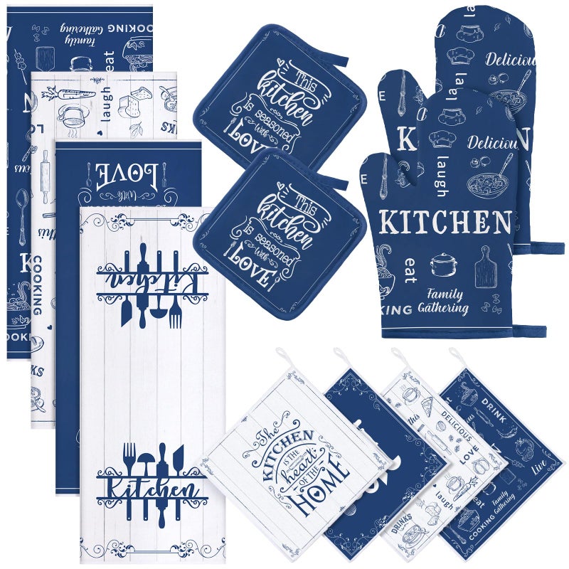 Bencailor 12 Pcs Farmhouse Kitchen Set, Kitchen Dish Towels Oven Mitts and Pot Holders Sets Hand Towels Dishcloths Rustic Pattern Oven Gloves for Home Decorations Baking Cooking Gifts(Blue, White) - Image 1