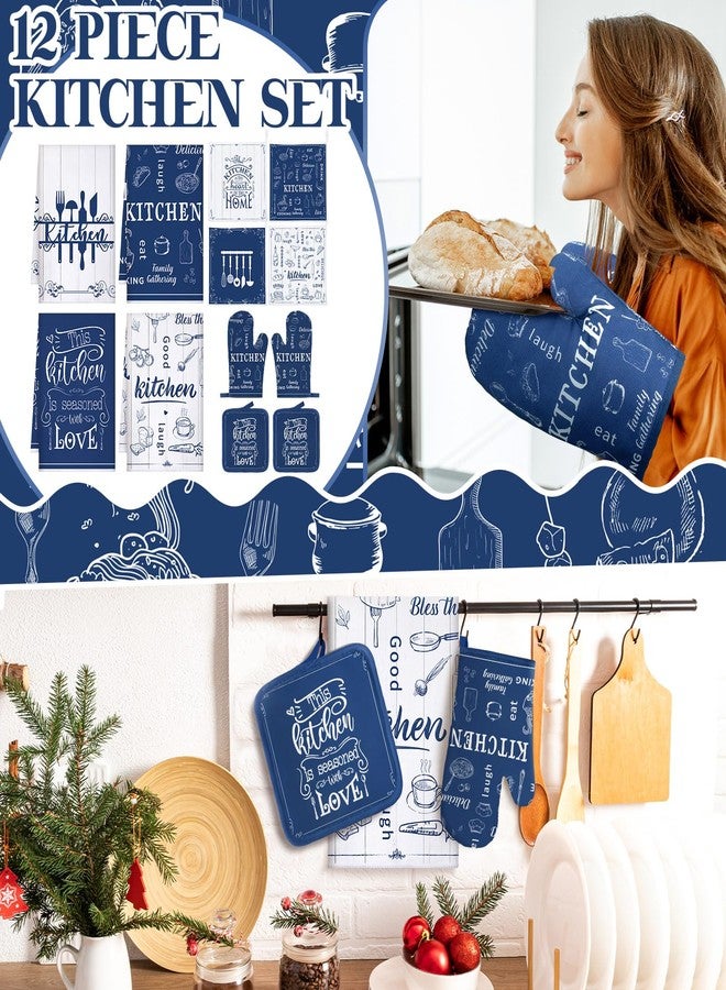 Bencailor 12 Pcs Farmhouse Kitchen Set, Kitchen Dish Towels Oven Mitts and Pot Holders Sets Hand Towels Dishcloths Rustic Pattern Oven Gloves for Home Decorations Baking Cooking Gifts(Blue, White) - Image 2
