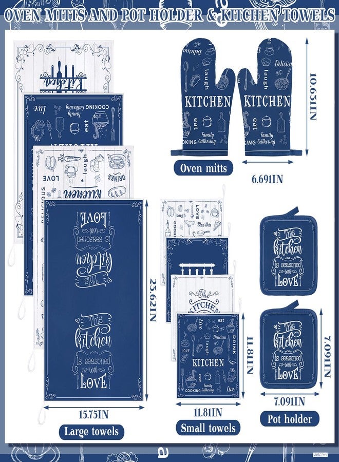 Bencailor 12 Pcs Farmhouse Kitchen Set, Kitchen Dish Towels Oven Mitts and Pot Holders Sets Hand Towels Dishcloths Rustic Pattern Oven Gloves for Home Decorations Baking Cooking Gifts(Blue, White) - Image 3