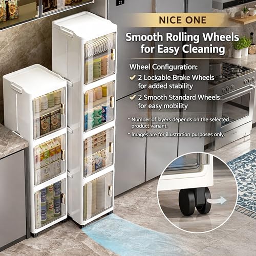 AYSIS 𝟒 𝐒𝐡𝐞𝐥𝐯𝐞𝐬 Multipurpose Plastic Storage Cabinet for Kitchen and Bathroom with Magnetic Doors & 360° Swivel Wheels | Suitable for Living Room, Bathroom, Kitchen, Office, Study - Image 4
