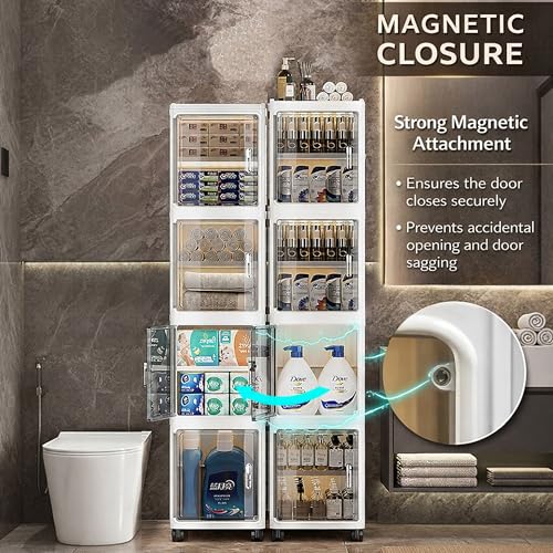 AYSIS 𝟒 𝐒𝐡𝐞𝐥𝐯𝐞𝐬 Multipurpose Plastic Storage Cabinet for Kitchen and Bathroom with Magnetic Doors & 360° Swivel Wheels | Suitable for Living Room, Bathroom, Kitchen, Office, Study - Image 3