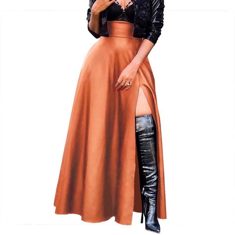 Lexiart Womens Sexy Faux Pu Leather Vintage High Slit Party Club A-Line Maxi Skirt Brown M - Image 1