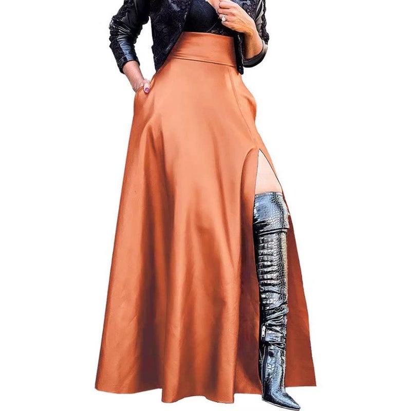 Lexiart Womens Sexy Faux Pu Leather Vintage High Slit Party Club A-Line Maxi Skirt Brown M - Image 2
