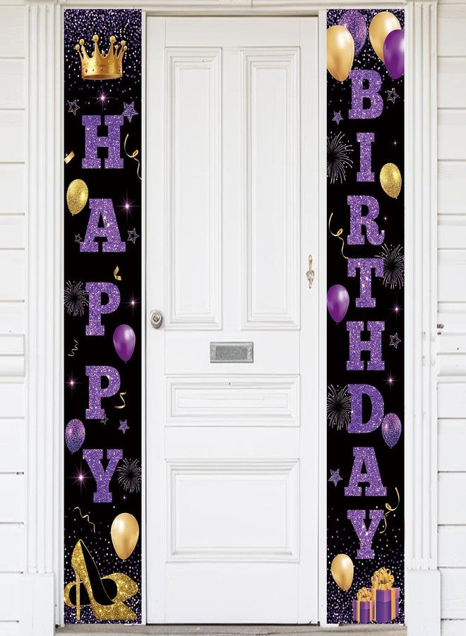 RTMISA Purple Birthday Decorations for Women Happy Birthday Banners for Front Door Porch Sign, Pueple Black Gold Birth Day Hanging Banner Door Decor Party Supplies - Image 1