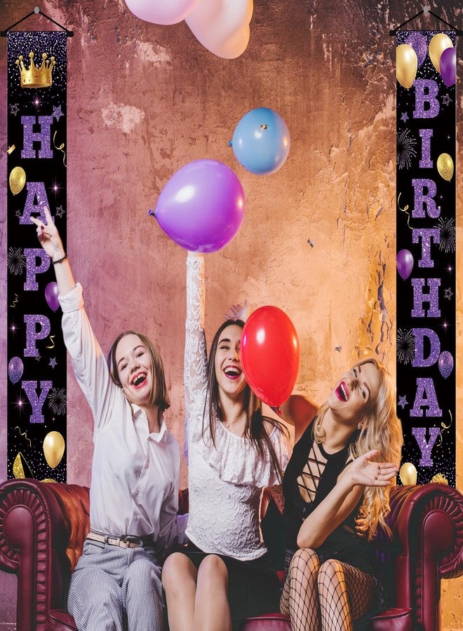RTMISA Purple Birthday Decorations for Women Happy Birthday Banners for Front Door Porch Sign, Pueple Black Gold Birth Day Hanging Banner Door Decor Party Supplies - Image 4