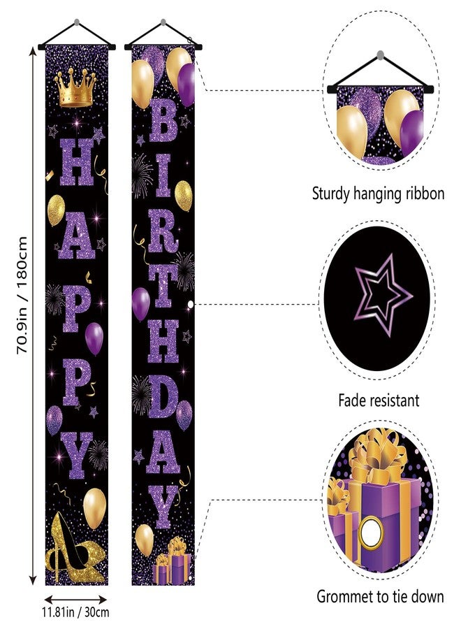 RTMISA Purple Birthday Decorations for Women Happy Birthday Banners for Front Door Porch Sign, Pueple Black Gold Birth Day Hanging Banner Door Decor Party Supplies - Image 5