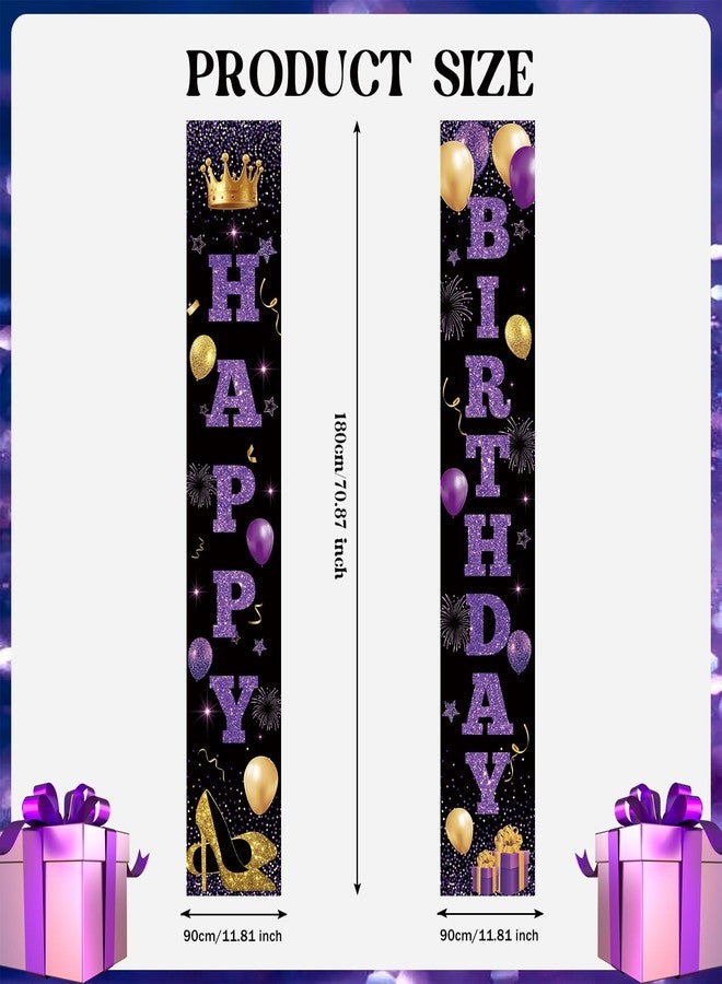 RTMISA Purple Birthday Decorations for Women Happy Birthday Banners for Front Door Porch Sign, Pueple Black Gold Birth Day Hanging Banner Door Decor Party Supplies - Image 3