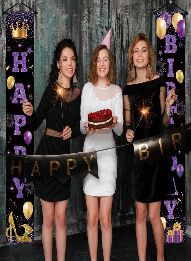RTMISA Purple Birthday Decorations for Women Happy Birthday Banners for Front Door Porch Sign, Pueple Black Gold Birth Day Hanging Banner Door Decor Party Supplies - Image 2