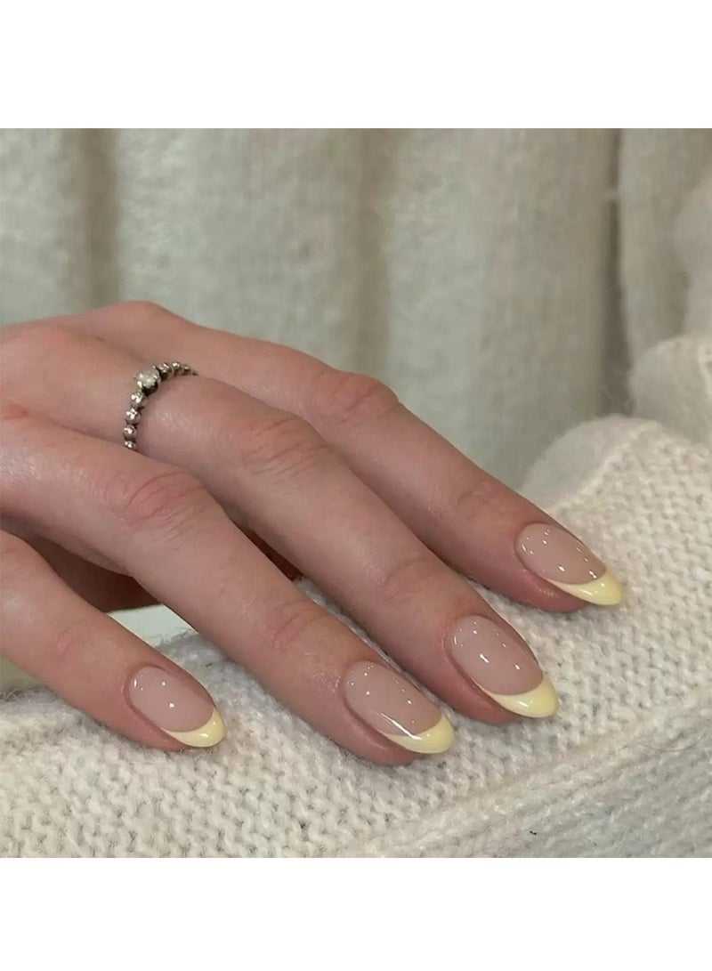 GlamKit Press On Nails,24pcs, Elegant Short Almond-Shaped Yellow French Fake Nails For a Minimalist Chic Look, Stylish Nail Tips Forfall And Summer, Acrylic Nails With Glue Kit. - Image 1