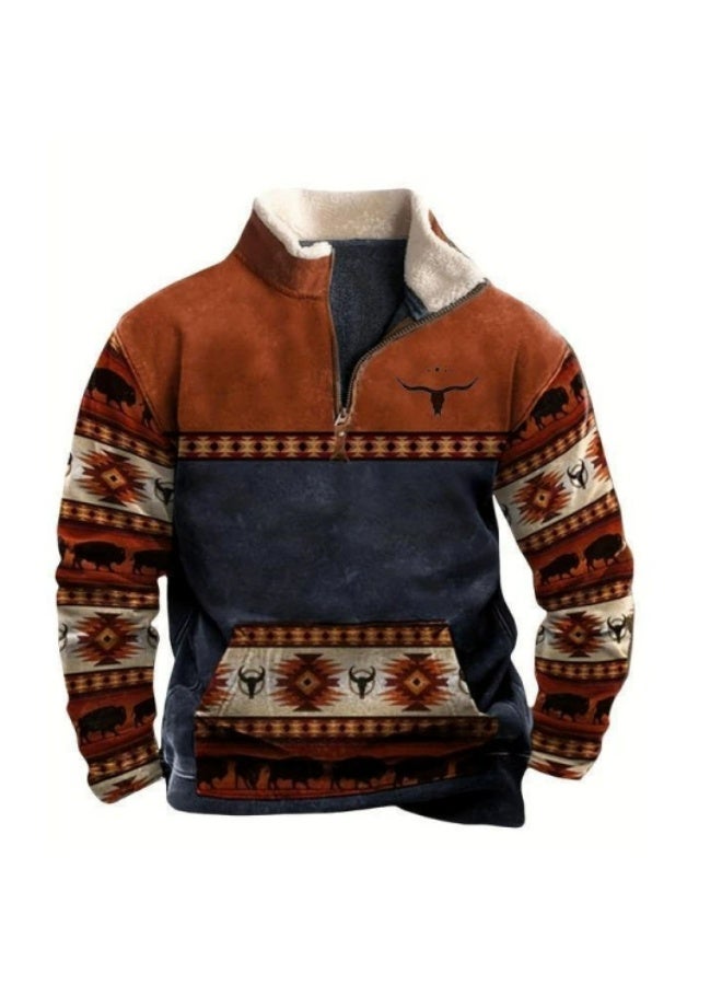 general HOTYD Men's 1/4 Zip Fleece Stand Collar Sweatshirt Aztec Pattern Oversized Long Sleeve Pullover Hoodie - Image 1