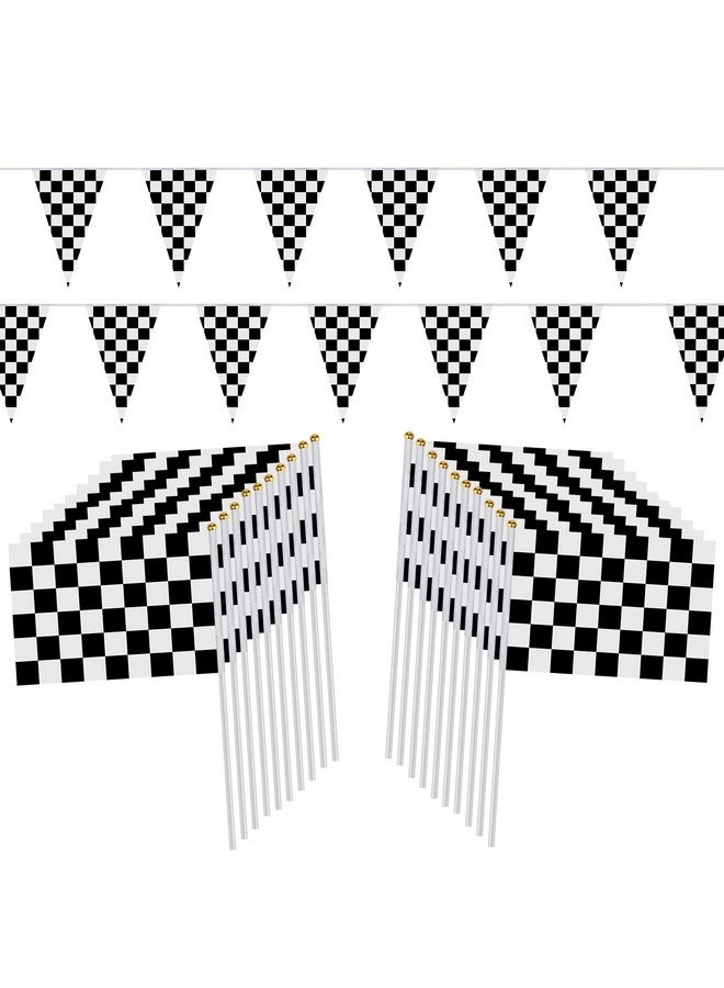 HRLORKC 98ft Checkered Black & White Pennant Banner Racing Flags and 20Pcs 11.8 Inch Racing Flags with Plastic Sticks for Racing Party Supplies by HRLORKC  - Image 1