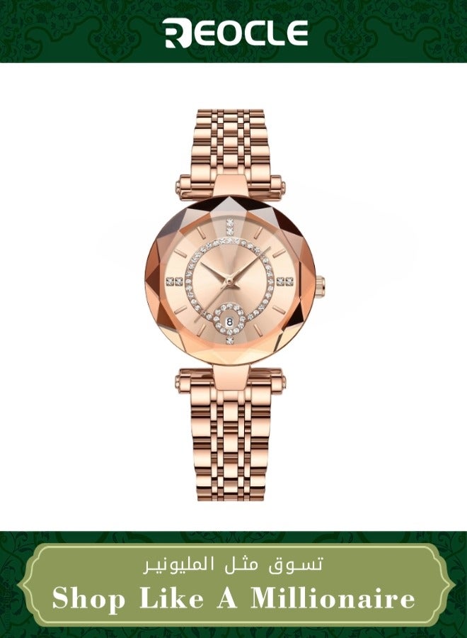 REOCLE Women's Quartz Watch with Stainless Steel Strap & Round Diamond Dial & Date & Daily Waterproof Elegant Wrist Watch as Ladies Gifts  - Image 1