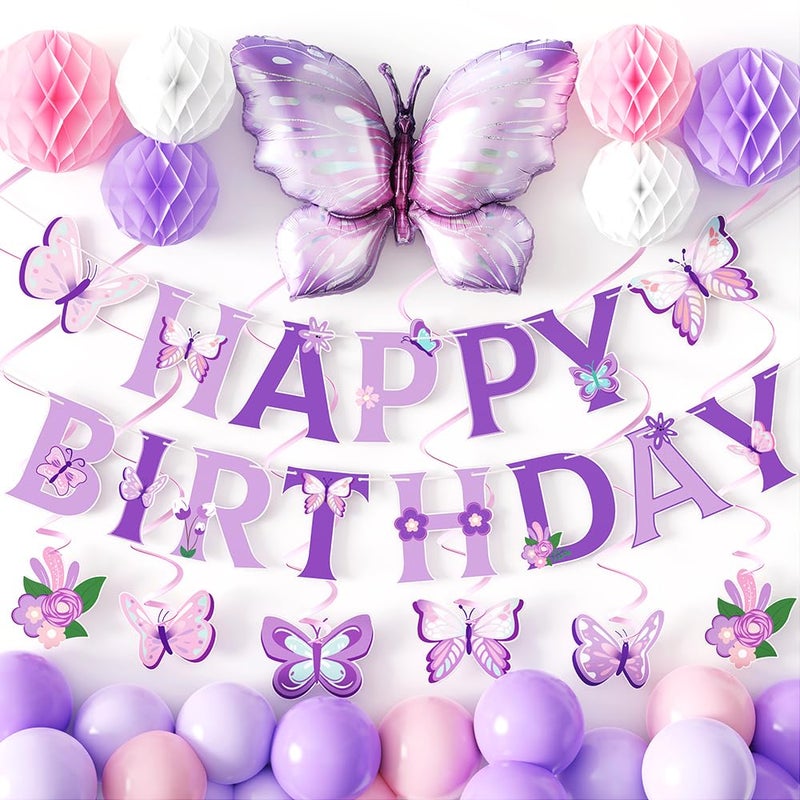 Purple Pink Birthday Party Decorations Happy Birthday Banner Spiral Pendant Honeycomb Ball with Big Butterfly Foil Balloon