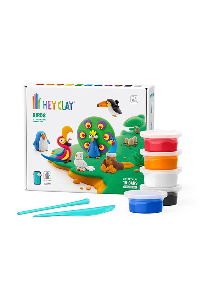 HEY CLAY Birds Set-Colourful Modeling Kids-Air Dry Clay Kit 15 cans And Sculpting Tools - Image 1