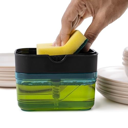 HomeWiz 2 in 1 Kitchen Soap Dispenser 400 ML with Sponge Holder | Durable and Leak-Proof Design | Easy-to-Use Pump for Liquid Soap, Dish Washing Liquid, or Hand Sanitizer | Stylish and Functional - Image 1