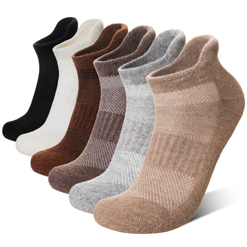 Eyean Merino Wool Ankle Running Socks Men Women Hiking Thick Half Cushioned Support No Show Socks 6 Pairs (Black/Grey, Medium) - Image 1