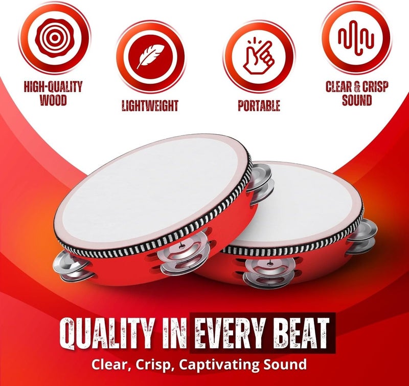 Flexzion Upgraded quality Tambourine, Hand Drum with Handle, Pack of 2, 20 cm + 15 cm Wooden Musical Percussion Instrument, Double Row Jingle Ring with Metal Jingles, Red Temp resistant - Image 3