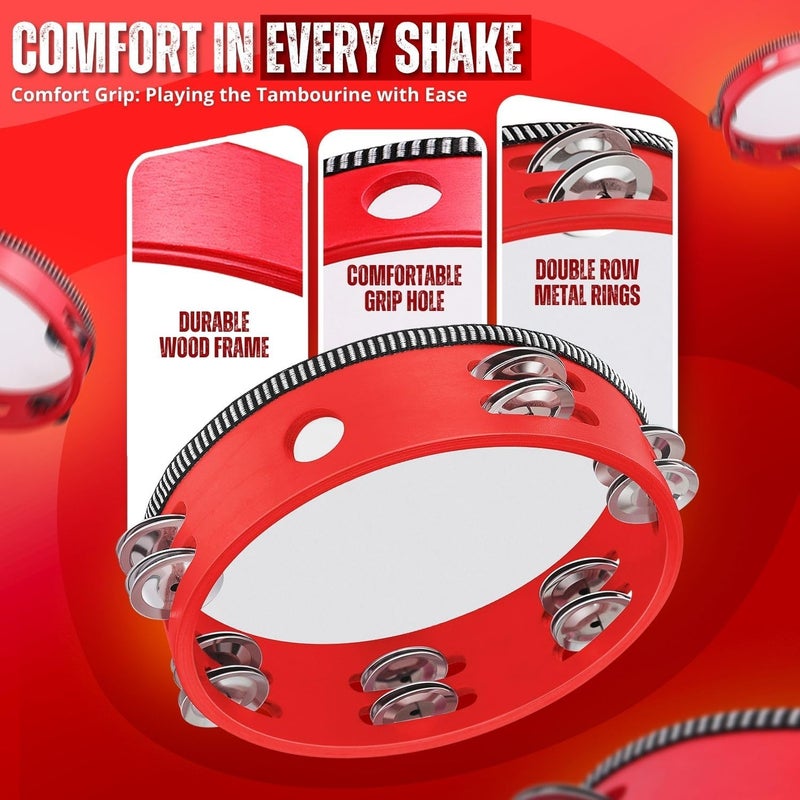 Flexzion Upgraded quality Tambourine, Hand Drum with Handle, Pack of 2, 20 cm + 15 cm Wooden Musical Percussion Instrument, Double Row Jingle Ring with Metal Jingles, Red Temp resistant - Image 5