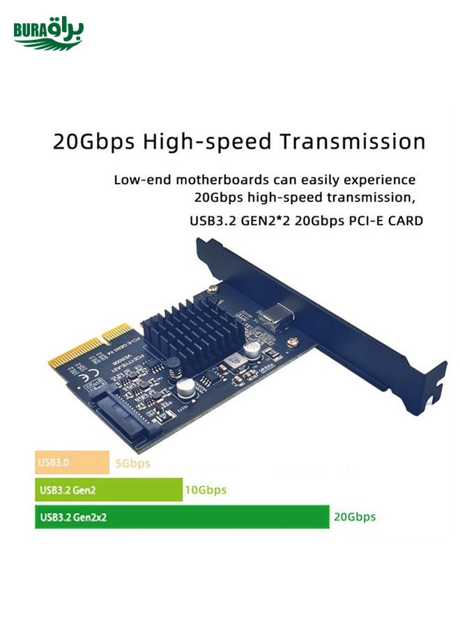 BURAQ PCI-E 4X To  USB3.2 Gen2x2 Type-C 20Gbps SATA Expansion Card Asmedia ASM3242 Chip  - Image 3