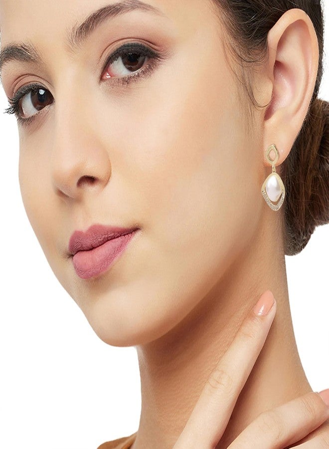 Emilia Gold-Tone Elegant Drop Earrings for Women & Girls | Faux Pearl Center with Crystal-Studded Frame | Ideal for Party & Casual Wear - Image 5