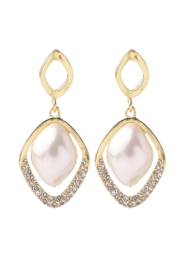 Emilia Gold-Tone Elegant Drop Earrings for Women & Girls | Faux Pearl Center with Crystal-Studded Frame | Ideal for Party & Casual Wear - Image 1