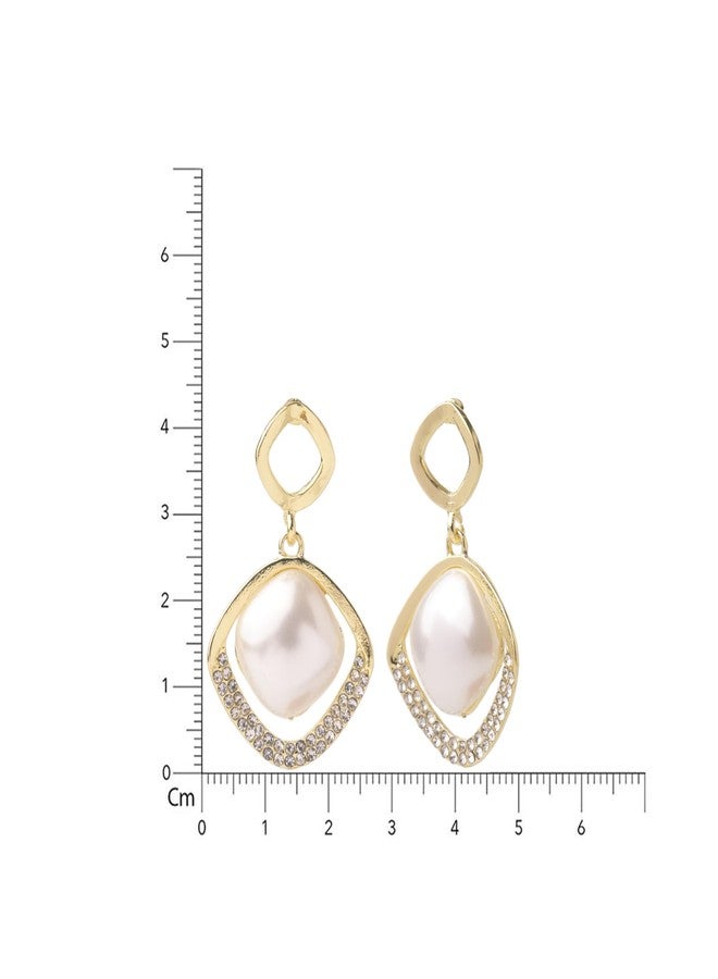 Emilia Gold-Tone Elegant Drop Earrings for Women & Girls | Faux Pearl Center with Crystal-Studded Frame | Ideal for Party & Casual Wear - Image 2