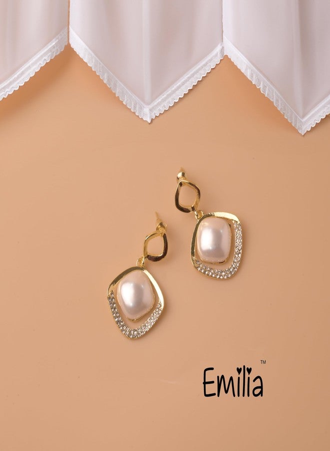 Emilia Gold-Tone Elegant Drop Earrings for Women & Girls | Faux Pearl Center with Crystal-Studded Frame | Ideal for Party & Casual Wear - Image 3