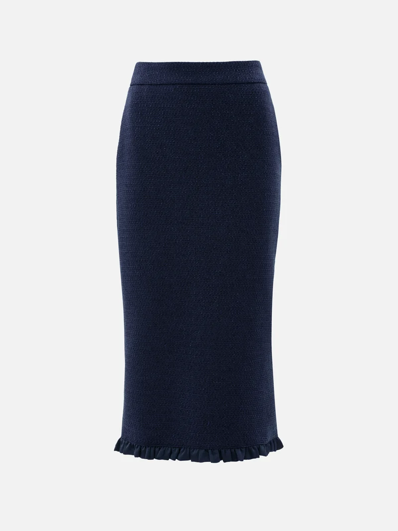 Lichi Straight-cut tweed midi skirt with ruffles