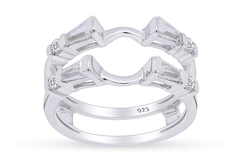 AFFY 3/4 Carat Tapered & Round White Cubic Zirconia Enhancer Guard Ring In 14K White Gold Over Sterling Silver (0.75 Cttw) Ring Size-7 - Image 1