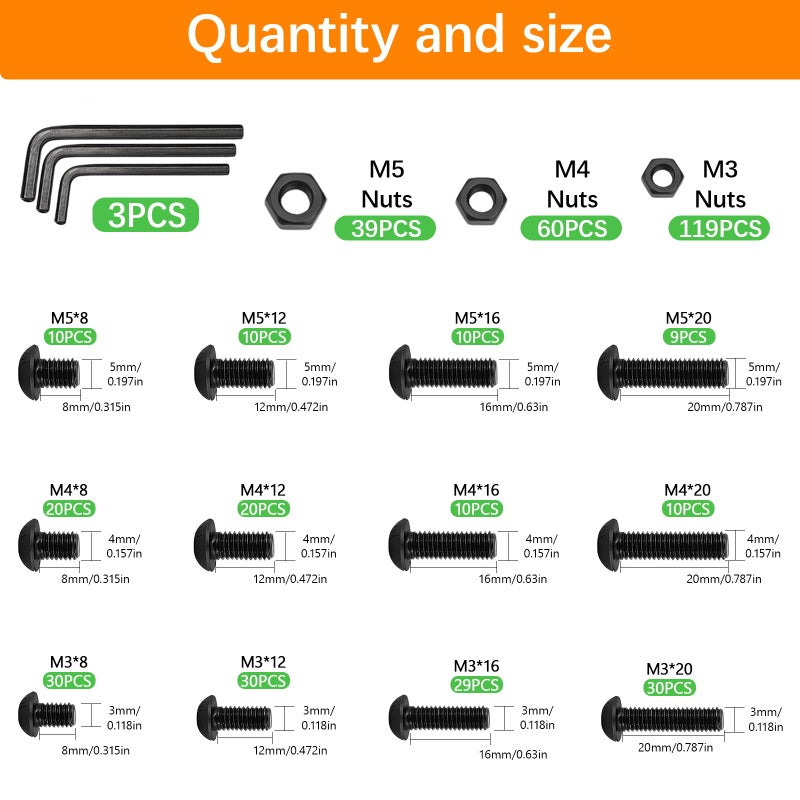 AvrestYPT 439PCS Metric Bolt and Nut Assortment Kit - M3 M4 M5 Machine Screws with Lock & Flat Washers, Grade 10.9 Alloy Steel Hex Socket Button Head Silver Screw Set for Hardware, 3D Printer, and DIY Projects - Image 2